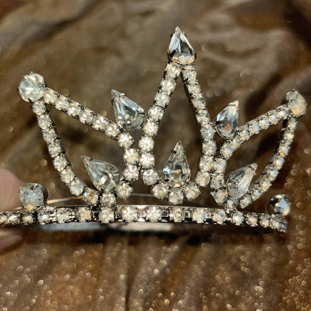 Vintage silver tone pear& round rhinestone tiara/bun barrette crown headpiece